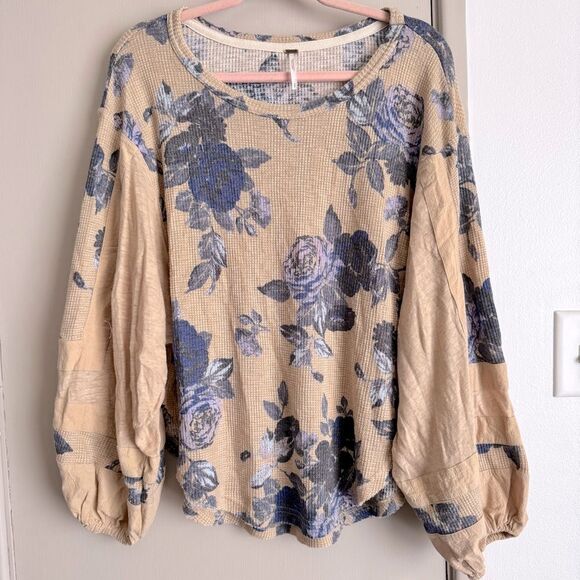 Free People Flower Patch Thermal Top Blue Roses Cream Floral Sweater Blouse - Picture 2 of 8